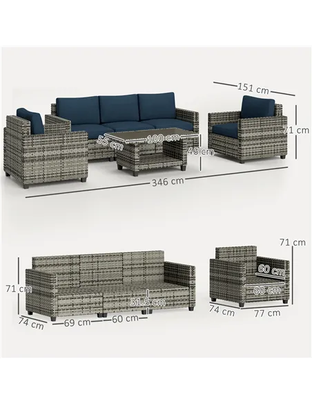 Outsunny Six-Piece Modular Rattan Sofa Set - Navy Blue