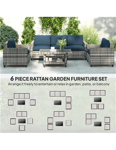 Outsunny Six-Piece Modular Rattan Sofa Set - Navy Blue