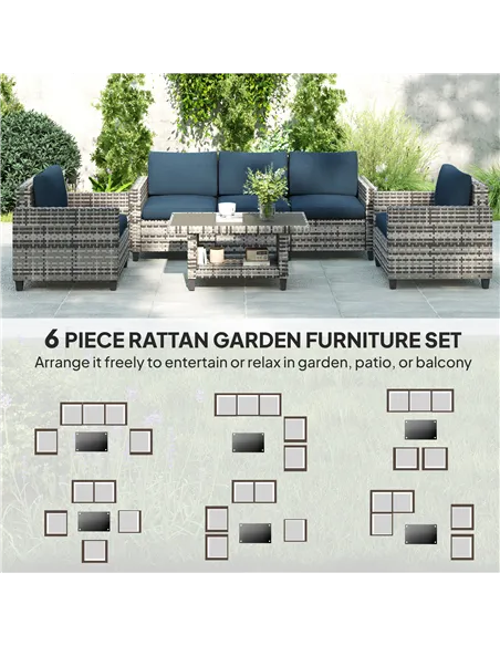 Outsunny Six-Piece Modular Rattan Sofa Set - Navy Blue