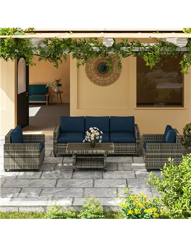 Outsunny Six-Piece Modular Rattan Sofa Set - Navy Blue