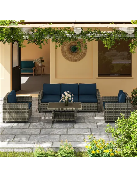 Outsunny Six-Piece Modular Rattan Sofa Set - Navy Blue