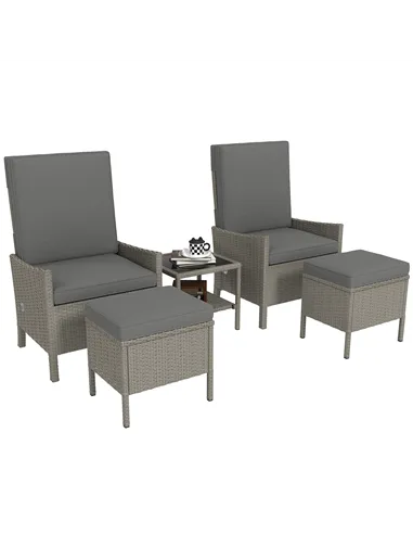 Outsunny 5 Piece Rattan Garden Furniture Set, Wicker Patio Sofa Set with 2 Armchairs, 2 Footstools, Glass Top Coffee Table with 