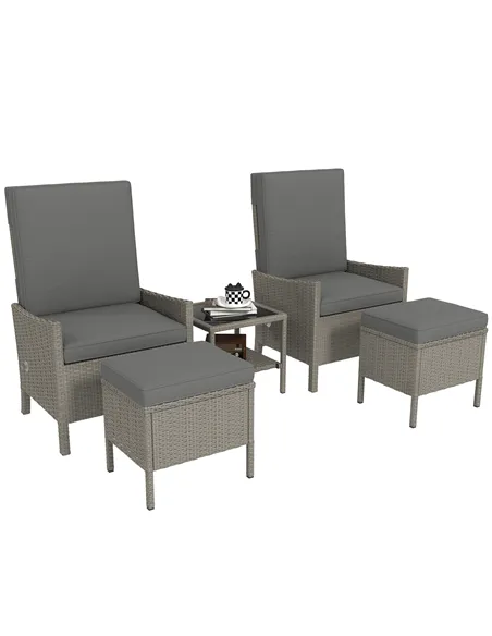 Outsunny 5 Piece Rattan Garden Furniture Set, Wicker Patio Sofa Set with 2 Armchairs, 2 Footstools, Glass Top Coffee Table with 