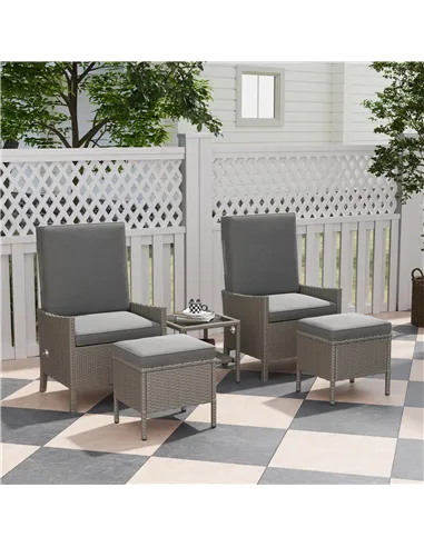 Outsunny 5 Piece Rattan Garden Furniture Set, Wicker Patio Sofa Set with 2 Armchairs, 2 Footstools, Glass Top Coffee Table with 