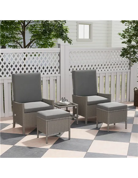 Outsunny 5 Piece Rattan Garden Furniture Set, Wicker Patio Sofa Set with 2 Armchairs, 2 Footstools, Glass Top Coffee Table with 