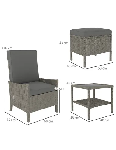 Outsunny 5 Piece Rattan Garden Furniture Set, Wicker Patio Sofa Set with 2 Armchairs, 2 Footstools, Glass Top Coffee Table with 