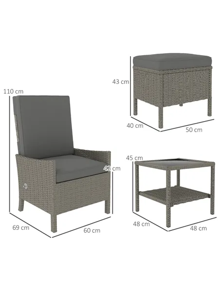 Outsunny 5 Piece Rattan Garden Furniture Set, Wicker Patio Sofa Set with 2 Armchairs, 2 Footstools, Glass Top Coffee Table with 