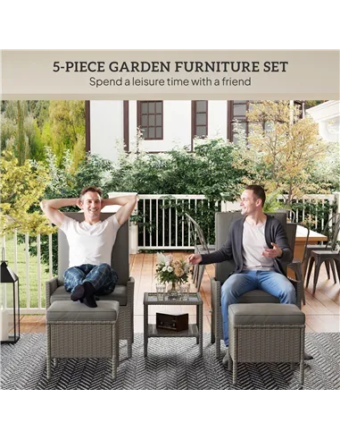 Outsunny 5 Piece Rattan Garden Furniture Set, Wicker Patio Sofa Set with 2 Armchairs, 2 Footstools, Glass Top Coffee Table with 