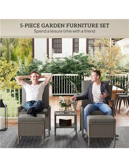 Outsunny 5 Piece Rattan Garden Furniture Set, Wicker Patio Sofa Set with 2 Armchairs, 2 Footstools, Glass Top Coffee Table with 