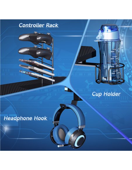 HOMCOM RGB 120 x 66cm Gaming Desk, Computer Table with Carbon Fibre Surface, Headphone Hook, Cup Holder, Controller Rack, Home O