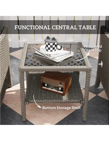 Outsunny 5 Piece Rattan Garden Furniture Set, Wicker Patio Sofa Set with 2 Armchairs, 2 Footstools, Glass Top Coffee Table with 