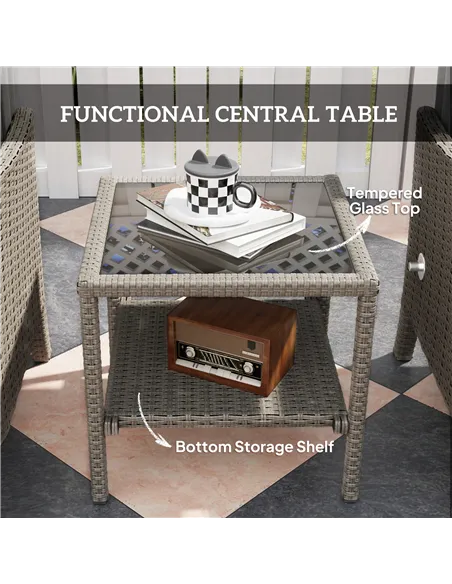 Outsunny 5 Piece Rattan Garden Furniture Set, Wicker Patio Sofa Set with 2 Armchairs, 2 Footstools, Glass Top Coffee Table with 