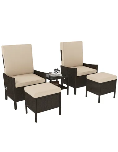 Outsunny 5 Piece Rattan Garden Furniture Set, Wicker Patio Sofa Set with 2 Armchairs, 2 Footstools, Glass Top Coffee Table with 