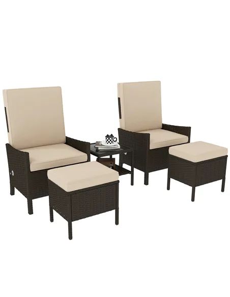 Outsunny 5 Piece Rattan Garden Furniture Set, Wicker Patio Sofa Set with 2 Armchairs, 2 Footstools, Glass Top Coffee Table with 