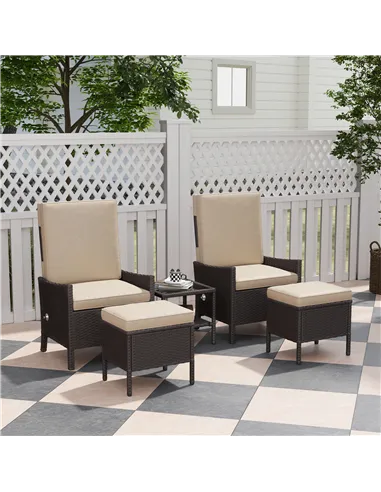 Outsunny 5 Piece Rattan Garden Furniture Set, Wicker Patio Sofa Set with 2 Armchairs, 2 Footstools, Glass Top Coffee Table with 