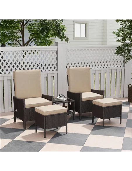 Outsunny 5 Piece Rattan Garden Furniture Set, Wicker Patio Sofa Set with 2 Armchairs, 2 Footstools, Glass Top Coffee Table with 