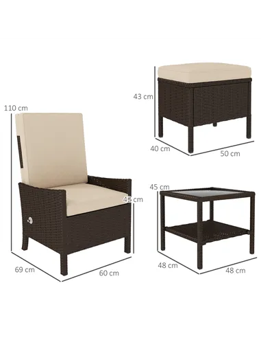 Outsunny 5 Piece Rattan Garden Furniture Set, Wicker Patio Sofa Set with 2 Armchairs, 2 Footstools, Glass Top Coffee Table with 