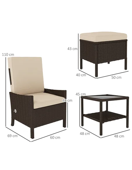 Outsunny 5 Piece Rattan Garden Furniture Set, Wicker Patio Sofa Set with 2 Armchairs, 2 Footstools, Glass Top Coffee Table with 