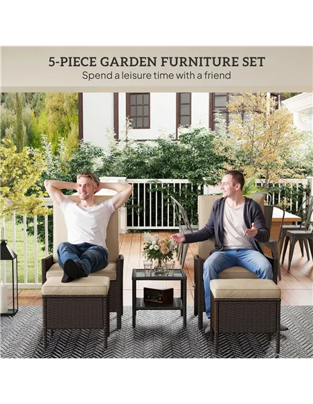 Outsunny 5 Piece Rattan Garden Furniture Set, Wicker Patio Sofa Set with 2 Armchairs, 2 Footstools, Glass Top Coffee Table with 