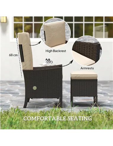 Outsunny 5 Piece Rattan Garden Furniture Set, Wicker Patio Sofa Set with 2 Armchairs, 2 Footstools, Glass Top Coffee Table with 