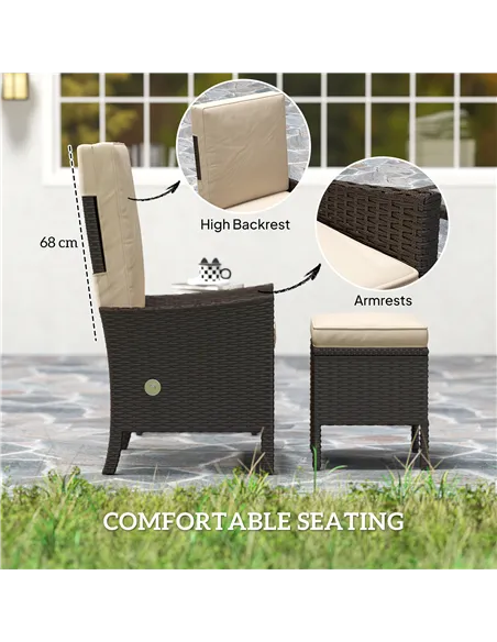 Outsunny 5 Piece Rattan Garden Furniture Set, Wicker Patio Sofa Set with 2 Armchairs, 2 Footstools, Glass Top Coffee Table with 