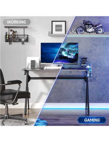 HOMCOM RGB 120 x 66cm Gaming Desk, Computer Table with Carbon Fibre Surface, Headphone Hook, Cup Holder, Controller Rack, Home O