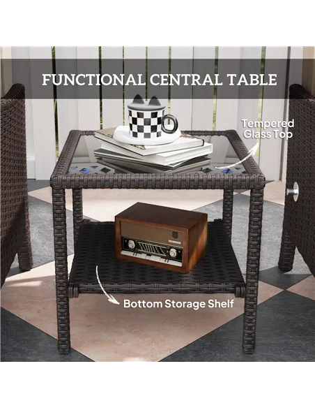 Outsunny 5 Piece Rattan Garden Furniture Set, Wicker Patio Sofa Set with 2 Armchairs, 2 Footstools, Glass Top Coffee Table with 