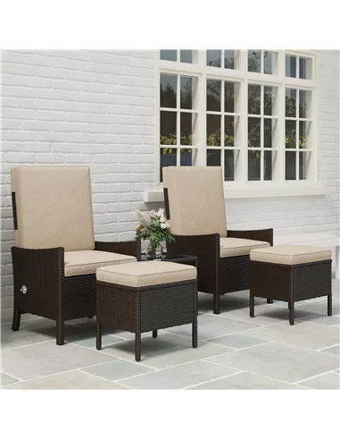 Outsunny 5 Piece Rattan Garden Furniture Set, Wicker Patio Sofa Set with 2 Armchairs, 2 Footstools, Glass Top Coffee Table with 