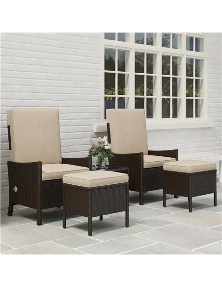 Outsunny 5 Piece Rattan Garden Furniture Set, Wicker Patio Sofa Set with 2 Armchairs, 2 Footstools, Glass Top Coffee Table with 