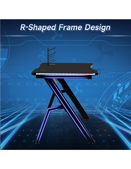 HOMCOM RGB 120 x 66cm Gaming Desk, Computer Table with Carbon Fibre Surface, Headphone Hook, Cup Holder, Controller Rack, Home O