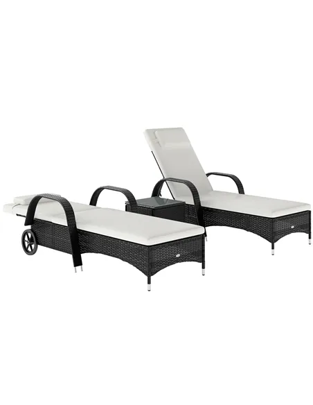 Outsunny 2 Seater Rattan Sun Lounger Set with Side Table Black