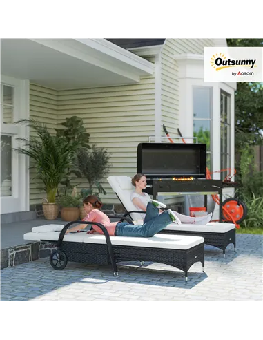 Outsunny 2 Seater Rattan Sun Lounger Set with Side Table Black