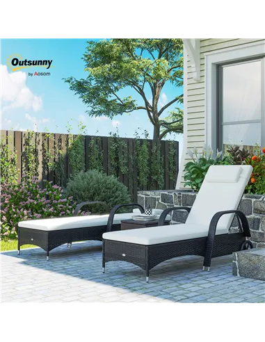 Outsunny 2 Seater Rattan Sun Lounger Set with Side Table Black