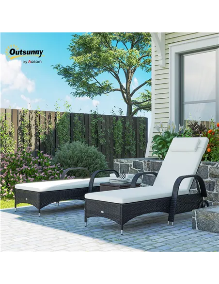 Outsunny 2 Seater Rattan Sun Lounger Set with Side Table Black