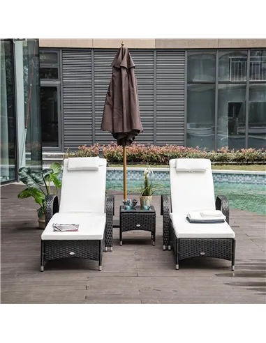 Outsunny 2 Seater Rattan Sun Lounger Set with Side Table Black