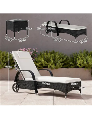 Outsunny 2 Seater Rattan Sun Lounger Set with Side Table Black