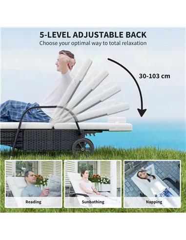 Outsunny 2 Seater Rattan Sun Lounger Set with Side Table Black