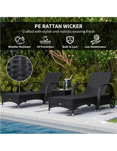 Outsunny 2 Seater Rattan Sun Lounger Set with Side Table Black