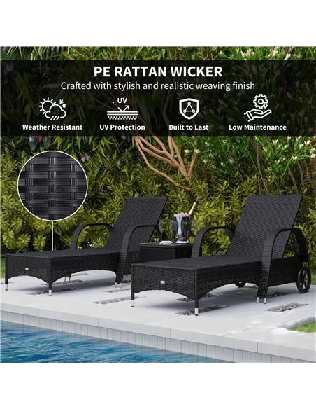 Outsunny 2 Seater Rattan Sun Lounger Set with Side Table Black