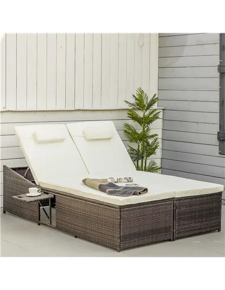 Outsunny Double Rattan Sun Lounger, Garden Daybed with 5-Level Adjustable Backrest and Flip Side Trays, Wicker Outdoor Furniture