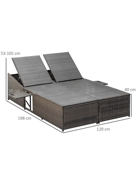 Outsunny Double Rattan Sun Lounger, Garden Daybed with 5-Level Adjustable Backrest and Flip Side Trays, Wicker Outdoor Furniture