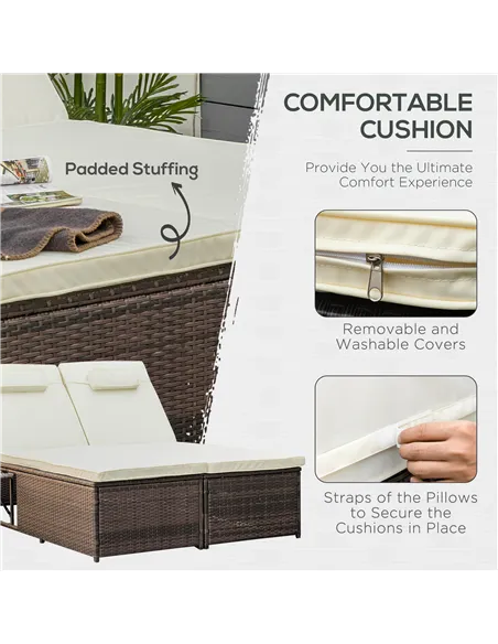 Outsunny Double Rattan Sun Lounger, Garden Daybed with 5-Level Adjustable Backrest and Flip Side Trays, Wicker Outdoor Furniture