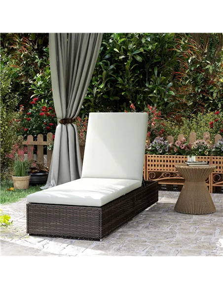Outsunny PE Rattan Sun Lounger, Five-level Adjustable Recliner Bed Chair with Soft Padded Cushion for Patio, Garden, Mixed Brown