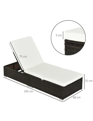 Outsunny PE Rattan Sun Lounger, Five-level Adjustable Recliner Bed Chair with Soft Padded Cushion for Patio, Garden, Mixed Brown