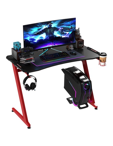 HOMCOM 122 x 66 cm Gaming Desk, Carbon Fibre Covered Computer Desk, Gamer Workstation with Headphone Hook, Cup Holder and Gamepa