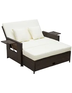 Outsunny Rattan Sun Lounger 2 Seater Day Bed-Brown