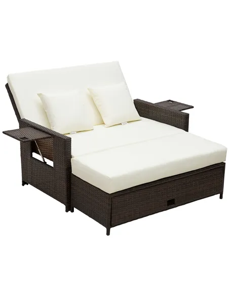 Outsunny Rattan Sun Lounger 2 Seater Day Bed-Brown