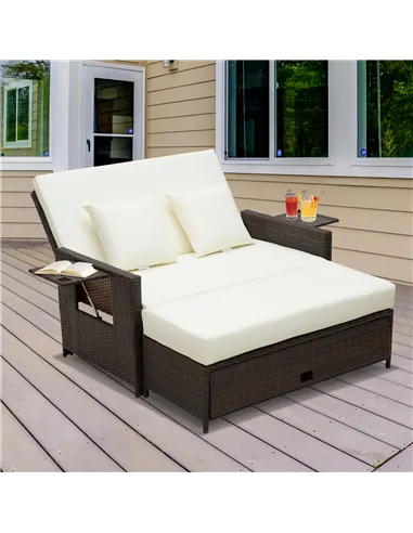 Outsunny Rattan Sun Lounger 2 Seater Day Bed-Brown