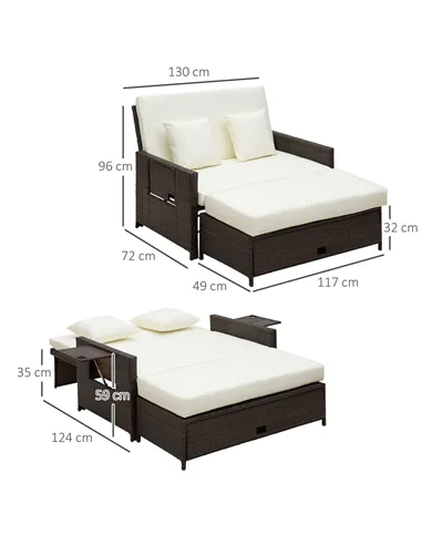 Outsunny Rattan Sun Lounger 2 Seater Day Bed-Brown