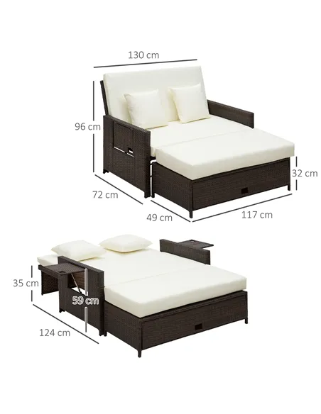 Outsunny Rattan Sun Lounger 2 Seater Day Bed-Brown